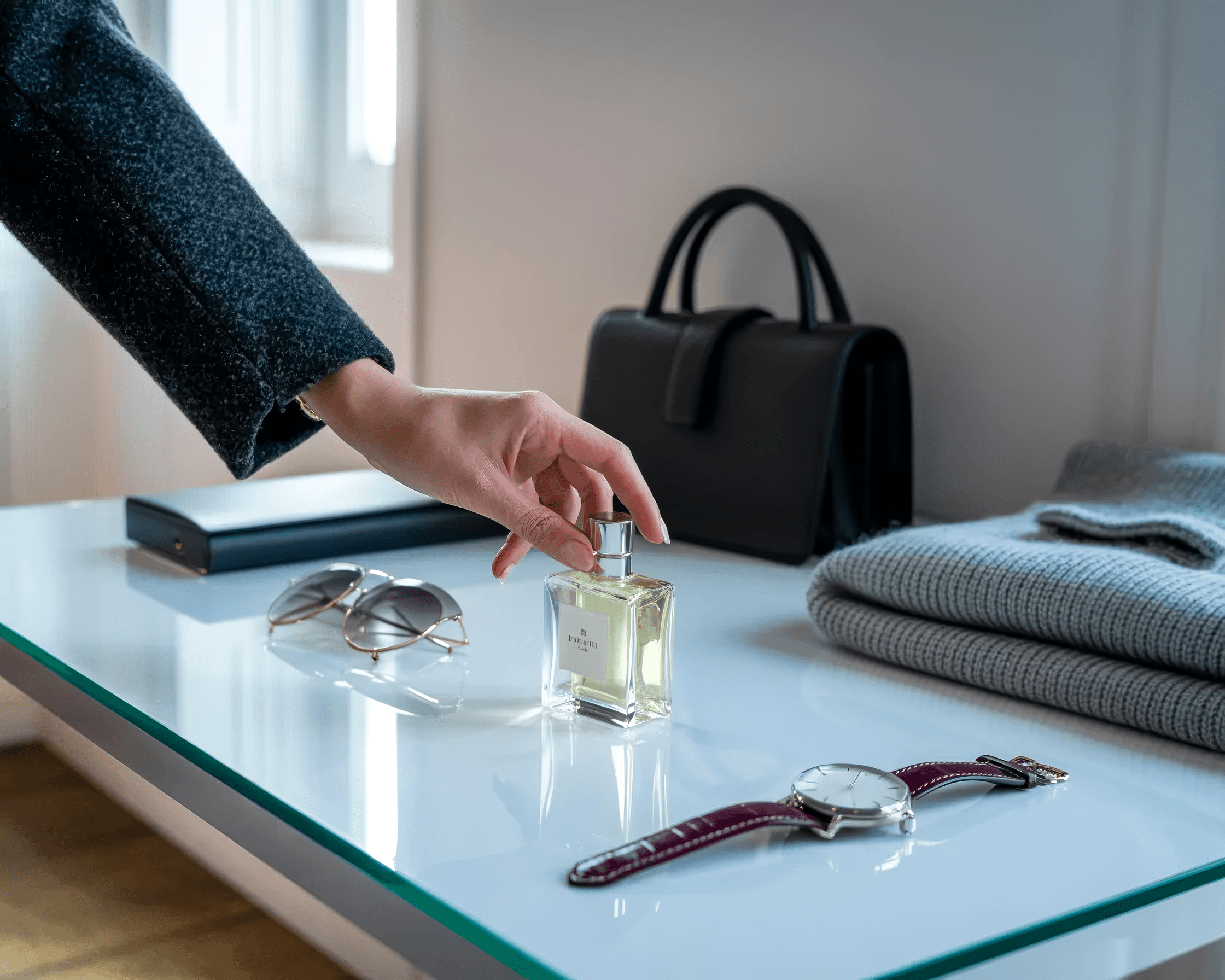 perfume, watch and sunglasses on a table
