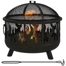Image of 2-in-1 Metal Firepit Bowl Round Outdoor Fire Pit with Lid Grill Poker for Garden