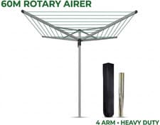 Image of 60m Rotary Washing Line Heavy Duty 4 Arm Outdoor Clothes Airer Dryer Cover UK