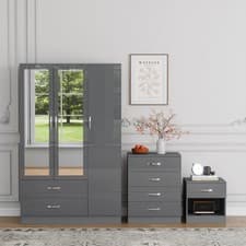 Image of 3 Piece High Gloss Bedroom Furniture Bedside Table Wardrobe Set Chest of Drawer