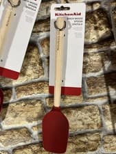 Image of KitchenAid KitchenCraft MasterClass Birchwood Spoon Spatula Silicone Head Red