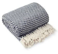 Image of 100% Cotton Herringbone Throw Navy Blue Geo Fringe Tassel Sofa Bed Chair Blanket