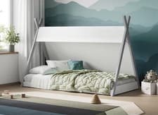 Image of Kids Canvas Tipi Tipee Wooden Single Bed Frame Grey Inc Sprung Mattress