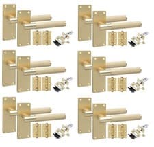 Image of Victorian T-Bar Knurled Door Handle Sets Satin Brass Finish Latch Pack Bath Lock