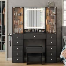 Image of Dressing Table with LED Mirror, 11 Drawers Makeup Vanity with Glass Top,Black