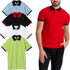 Image of Mens Plain Pique Polo Shirt Cotton Contrast Collar Tipping Polo Summer Golf Tee