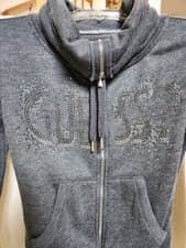 Image of GUESS Sweater Top Gray Fleece Embellished Fill Zip Jacket Women's Size XS Rare