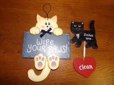 Image of TWO WOODEN HANGING COUNTRY DECORATIONS, WIPE YOUR PAWS, DISHES DONE, NWOT