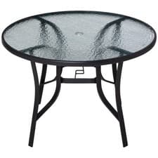 Image of 106cm Round Garden Dining Table with Parasol Hole Tempered Glass Top Steel Frame