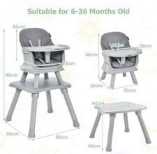 Image of Costway 6 in 1 Baby High Chair Grey Adjustable Feeding Chair Booster Seat Table