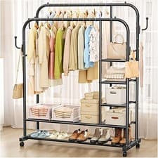Image of Clothes Rail with Wheels,150KG Metal Heavy Duty Clothes Rack With Double Hanging