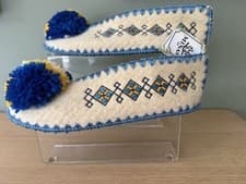 Image of New Minas Traditional Greek Woollen Slipper Non Slip Leather Sole 39 UK 6 Pompom
