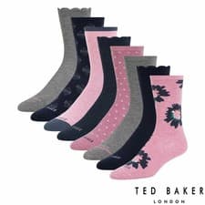 Image of Ted Baker Women’s 8 Pack Crew Socks - Grey / Navy / Pink - Size UK 3-7