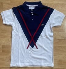 Image of Kid's Lacoste White and Navy T-Shirt: Size 8/9 Years, Collared and Short Sleeves
