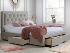 Image of Velvet Storage Bed, Woodbury Warm Stone 4 Drawer Bed 3 Size, 4 Mattress Options