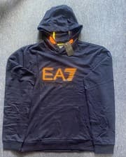 Image of Men's Ea7 Navy Hoodies in Long Sleeves , Orange Colour Logo on Chest: Size 2XL