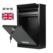Image of Large Black Lockable Post Box Outdoor Wall Mounted Letterbox with Keys UK Seller