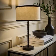 Image of Twist Table Lamp Matte Black Metal Stem Natural Linen Trim Drum Shade Light
