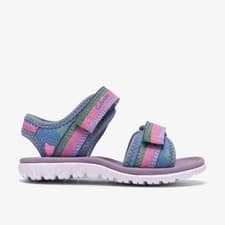 Image of Clarks Girls Surfing Tide Toddler Denim Flat Sandals,Riptape Textile Casual