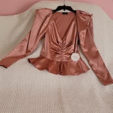 Image of Milk & Honey Satin Peplum Puff Sleeve Blouse Rose Pink V-Neck M