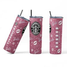 Image of Barbie Starbucks Tumbler Pink Glitter Lips Coffee Gift Mug Travel Cup 20oz Size