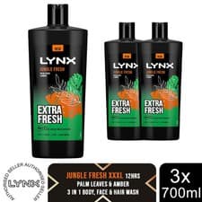 Image of Lynx Body, Face & Hair Wash Shower Gel Extra Fresh Jungle Fresh 700ml, 3pk