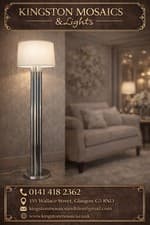 Image of Modern Chrome Floor Lamp with White Fabric Drum Shade
