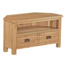 Image of Baysdale Rustic Oak Corner TV Unit – Solid Oak Stand with Drawers & Shelf 90cm