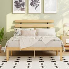 Image of Solid Wood Bed Frame King Size Platform Bed Retro Headboard