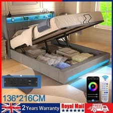Image of NEW OTTOMAN STORAGE UPHOLSTERED BED FRAME 4FT6 DOUBLE WITH USB PORT & LED Xithcb