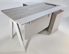 Image of Modern Corner Office Desk with Metal Leg and Desktop Power - Oak & Beige Oatmeal