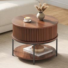 Image of YITAHOME Round Coffee Table, Coffee Table with 2-Tier Storage Space, Fluted C...