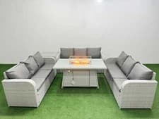 Image of Fimous Outdoor Rattan Garden Furniture Set with Gas Fire Pit Dining Table Sofas