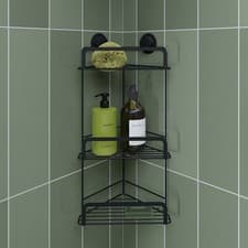 Image of Croydex Corner Shower Caddy Black 3 Tier Stick ’N’ Lock Bathroom Storage Basket
