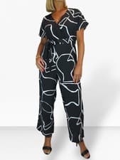 Image of Womens Wrap Design Jumpsuit with Belt Black and White Print 8-22