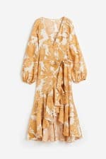 Image of H&M MAXI WRAP DRESS MIDI MUSTARD TROPICAL PALM LEAF PRINT M MEDIUM 10 6 38