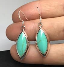 Image of Turquoise drop earrings solid Sterling Silver marquise. New. Gift box.