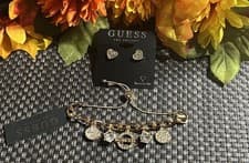 Image of GUESS Pave Heart Earrings and adjustable Goldtone Charm Bracelet Jewelry Set NWT