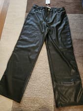 Image of Only KIRI Faux Leather Wide Leg Trousers High Waist Straight Black Size L NEW