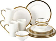 Image of Elegant 16-Piece White Dinnerware Set with Gold Trim for 4 - Modern Porcelain