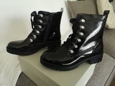 Image of Black Patent Ankle Boots. Brand New Boxed. Diamonte Stud Hooks To Lace Up. UK 6.