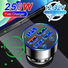 Image of 6-Port 250W USB C Car Charger PD+QC 3.0 Fast Charger 12-24V Voltage Display