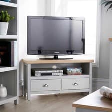 Image of Corner TV Stand Grey Painted Oak Effect Solid Drawer Cabinet Furniture 36mm Top