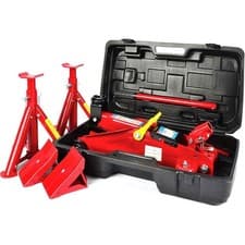 Image of Hilka 2 Tonne Trolley Jack Kit Car Axle Stands & Chocks in Carry Case Red
