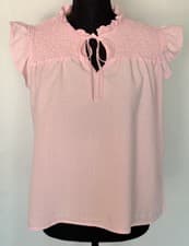 Image of For The Republic Light Pink Smocked Ruffle Tie-Neck Lyocell Blouse