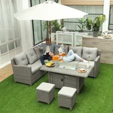Image of 5 PCs Outdoor Rattan Corner Dining Set Footstool Gas Fire Pit Table Furniture