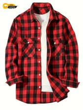 Image of Cotton Lumberjack Long Sleeve Men's Flannel Shirt Brushed Red Plaid Fit