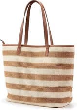 Image of Striped Straw Beach Bag Women Woven Tote Zip Shoulder Handbag PU Leather Handle