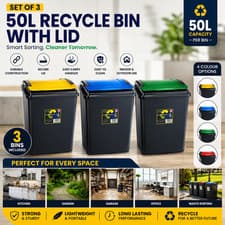 Image of 3 x 50L Recycling Bins with Flip Lids – Heavy Duty Home & Office Waste Bins