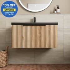 Image of 800mm Fluted Wall Hung Bathroom Vanity Unit Wood Black Ceramic Basin Soft Close